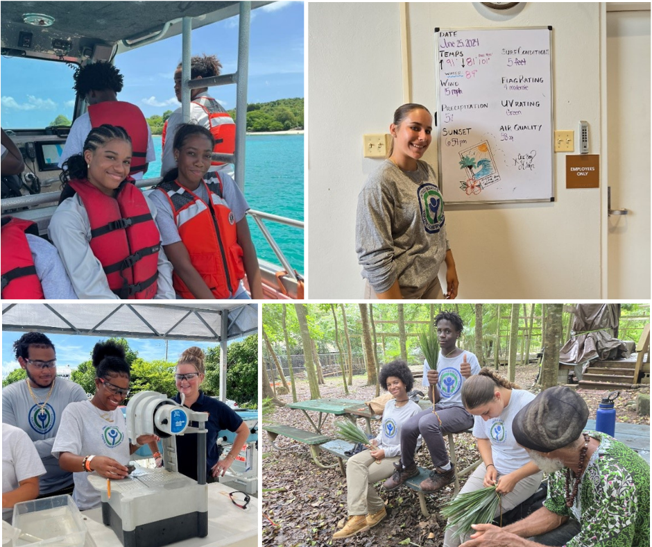 Virgin Islands National Park Collage A collage of 4 photos of youth smiling outside in a boat, in front of a whiteboard, using a microscope, and sitting on a picnic table