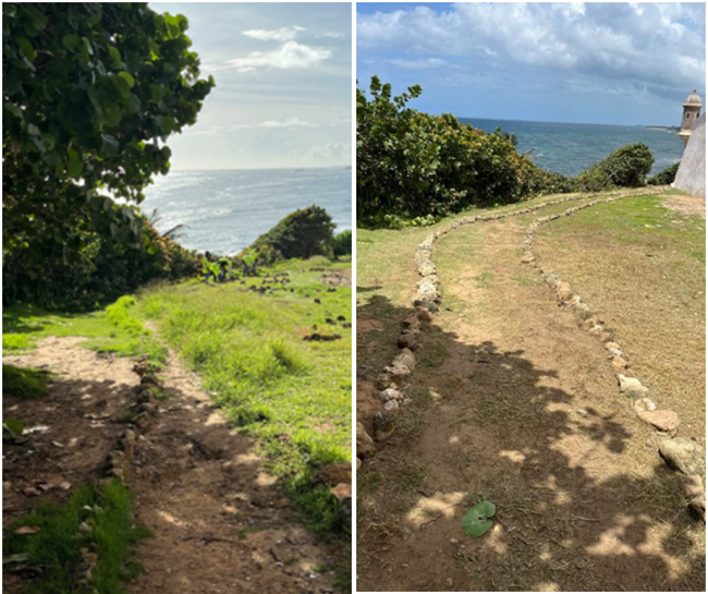 A collage of two photos of a grassy area. The one on the left has rocks that create a path