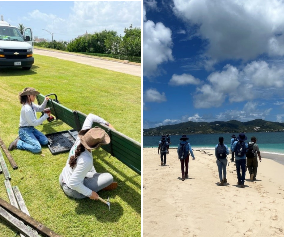 YCC crew A collage of two photos. The one on the left two girls are sitting in the bench painting a bench green. On the right, a group of individuals are faced in the opposite direction walking down the beach