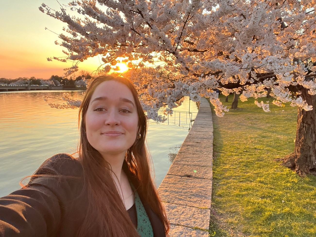 Cherry blossom tree A young woman stands in front of a body of water smiling in front of a tree with cherry blossoms