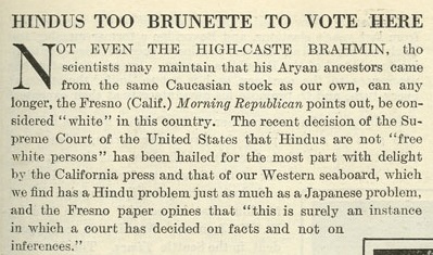 Newspaper article with headline Hindus Too Brunette to Vote Here.