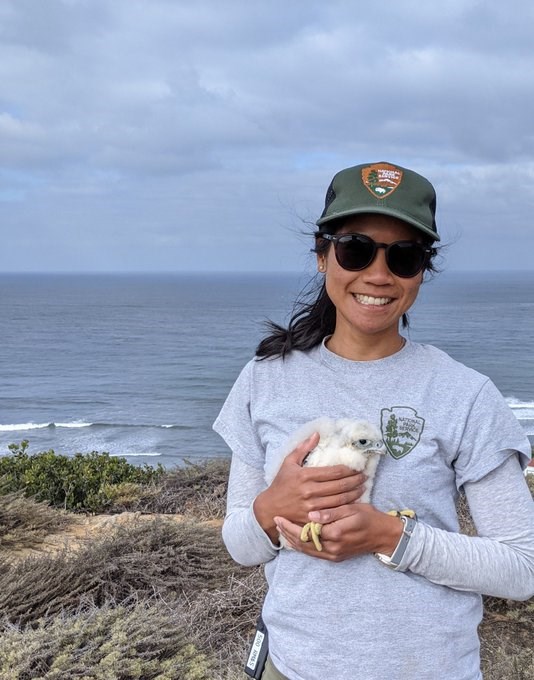Linh Anh smiles as she holds a white bird in her hands. She is wearing a gray NPS shirt, sunglasses, and a green NPS hat.