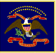 U.S. regimental flag.  The flag is a large blue square with an eagle with its wings outstretched in the center.  There is a red scroll beneath the eagle stating “1st Infantry Regiment.” 