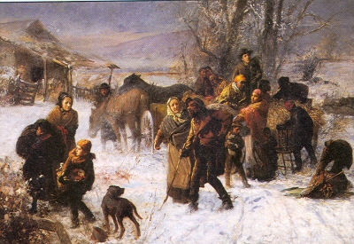 People smuggled in the snow during the winter outside in the 1800's