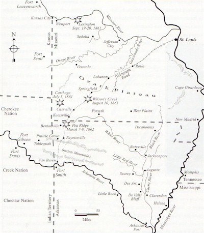 Map showing Northwest Arkansas and Southwest Missouri, the area of operations for the Pea Ridge Campaign.