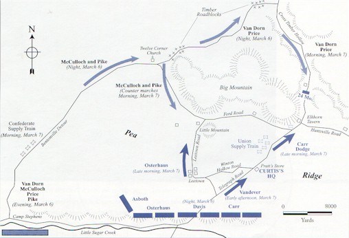 Map showing the initial troop positions and movements on March 6 and 7, 1862.