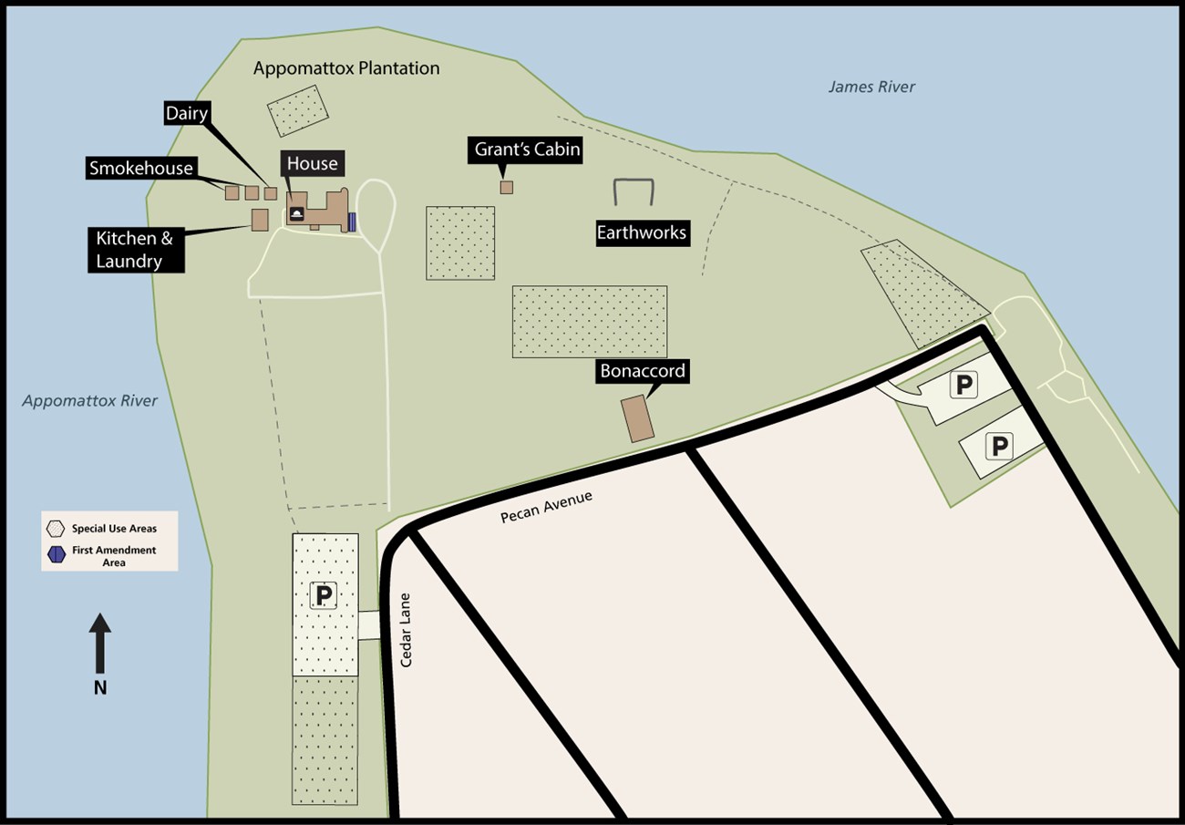 Map of City Point with 5 polygons with dots - parking lot and south of it; North of plantation house; between plantation house and Grants cabin; lawn south of cabin; and far right near the river. Small blue polygon east side of plantation house.