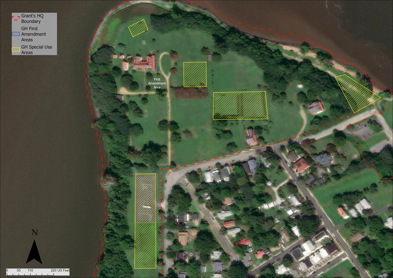 Map of City Point with 5 yellow polygons - parking lot and south of it; North of plantation house; between plantation house and grants cabin; lawn south of cabin; and far right near the river. Small blue polygon east side of plantation house.