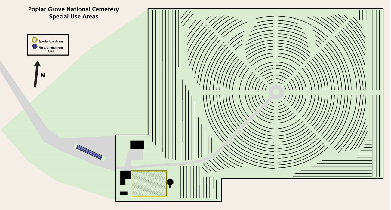 Map of cemetery, yellow (Special Use) area next to a building and blue (1st Amendment Area) in center of  parking lot