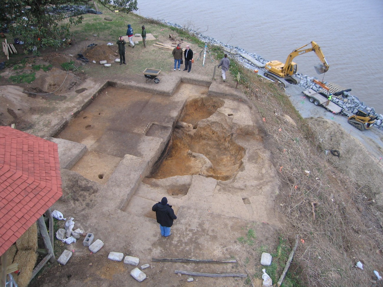 Aerial photo of a dig site at City Point, focusing on a 17th century borrow site.