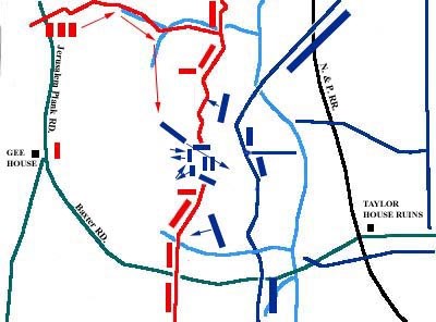 Battle map with blue rectangles forming a circle in the center of red line.
