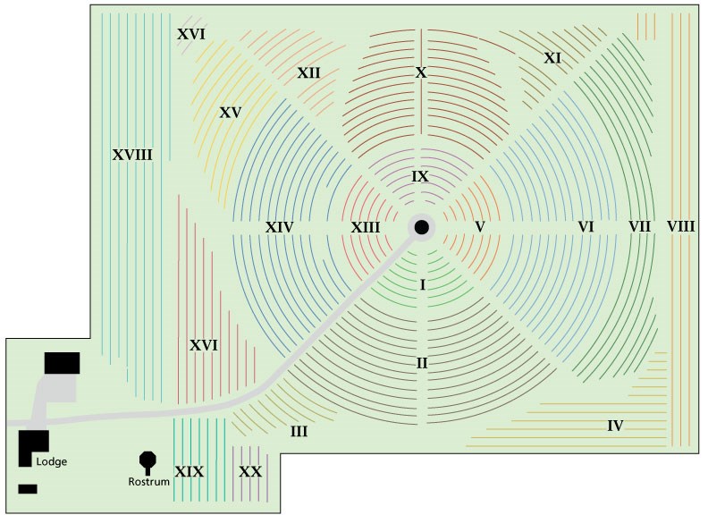 Cemetery map with sections labeled using roman numerals 1-20