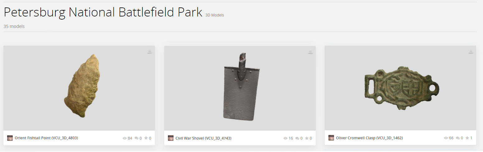 Screenshot of SketchFab webpage with an arrowhead found at Petersburg National Battlefield.