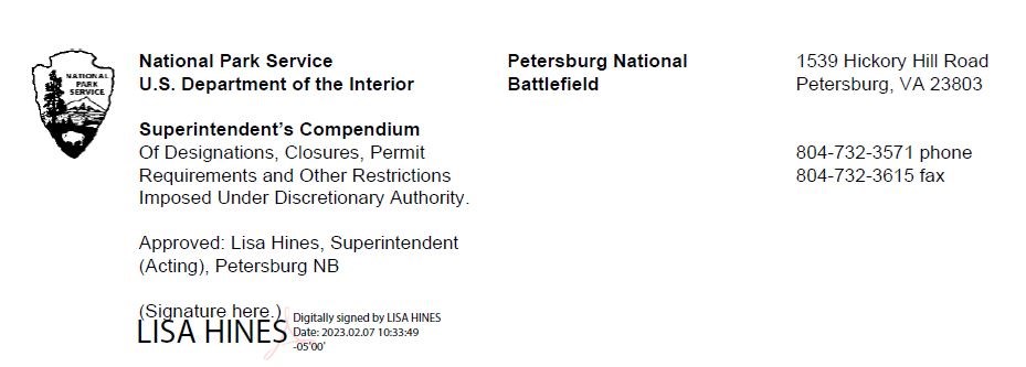 Letterhead Petersburg national battlefield and digital signature of acting superintendent Lisa Hines