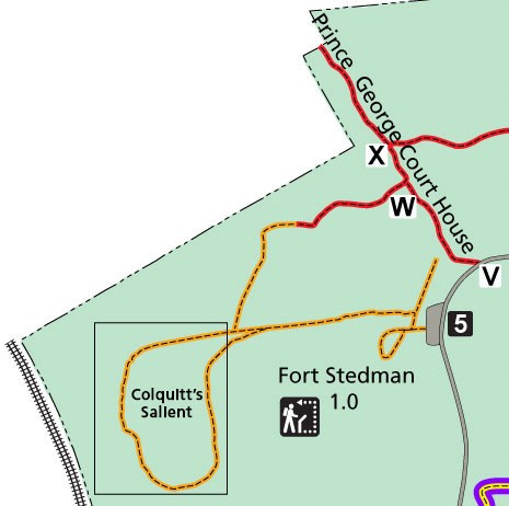 Gray rectangle around orange line forming a hiking trail loop.