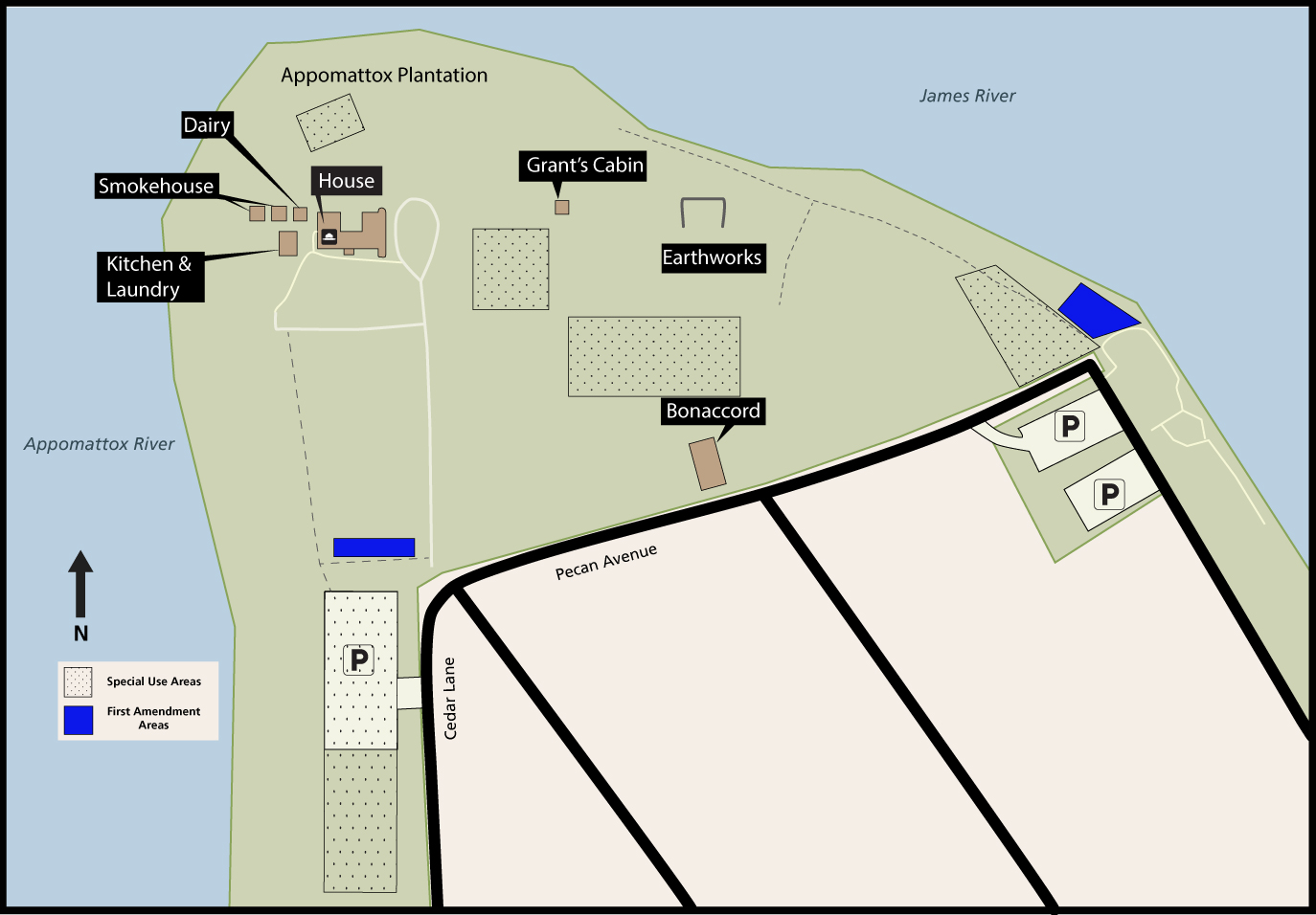 Map of City Point with 5 polygons with dots - parking lot and south of it; North of plantation house; between plantation house and Grants cabin; lawn south of cabin; and far right near the river. Small blue polygon north of parking lot and on the far righ
