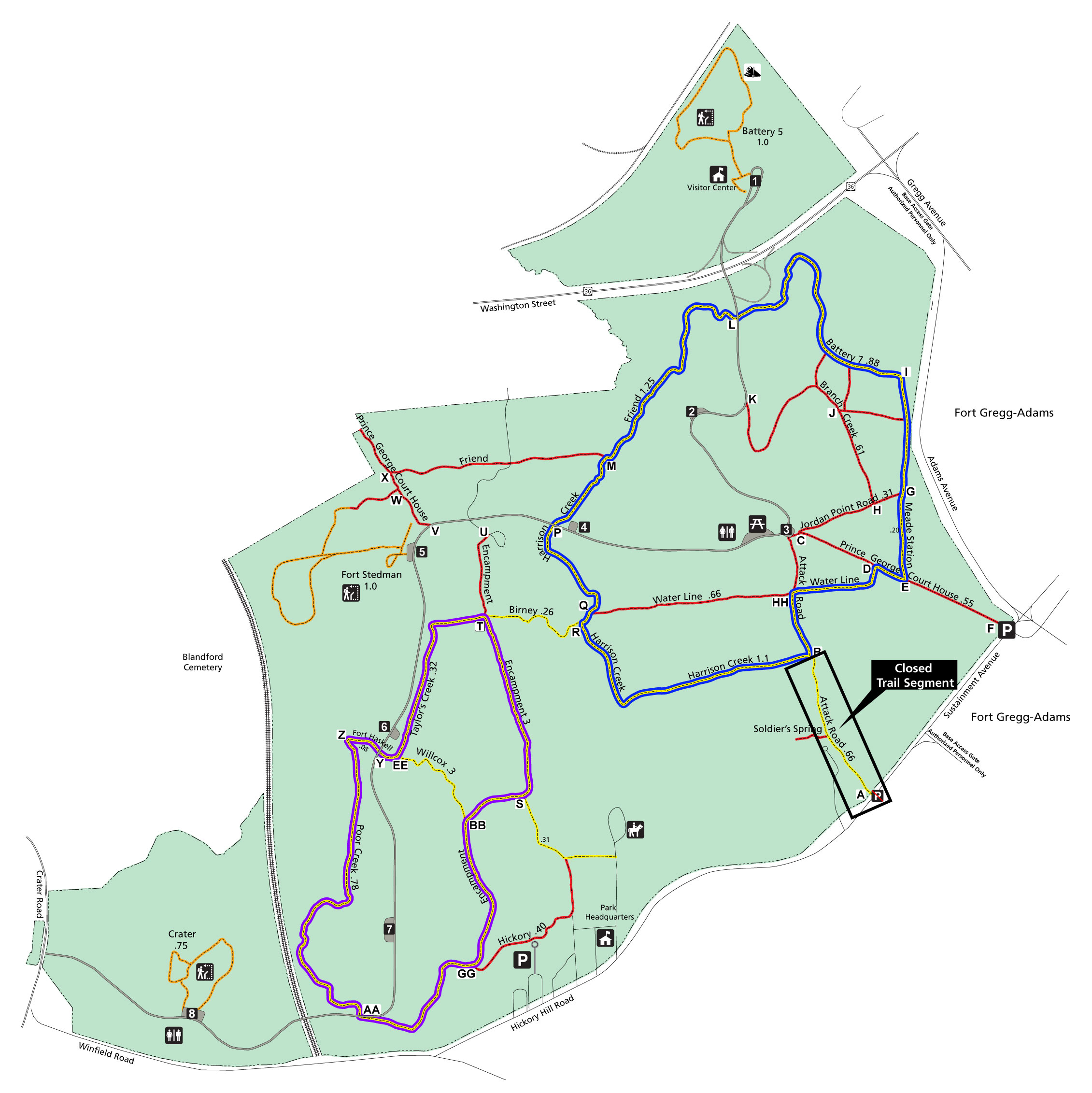 Eastern Front Trail Map with Attack Road Closure October-November 2023 Image of the Eastern Front Trail Map, with a black box around the portion of trail closed.