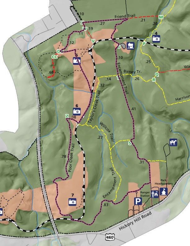 Fit History Hike Route A purple line traces a an irregular loop on a trail map.