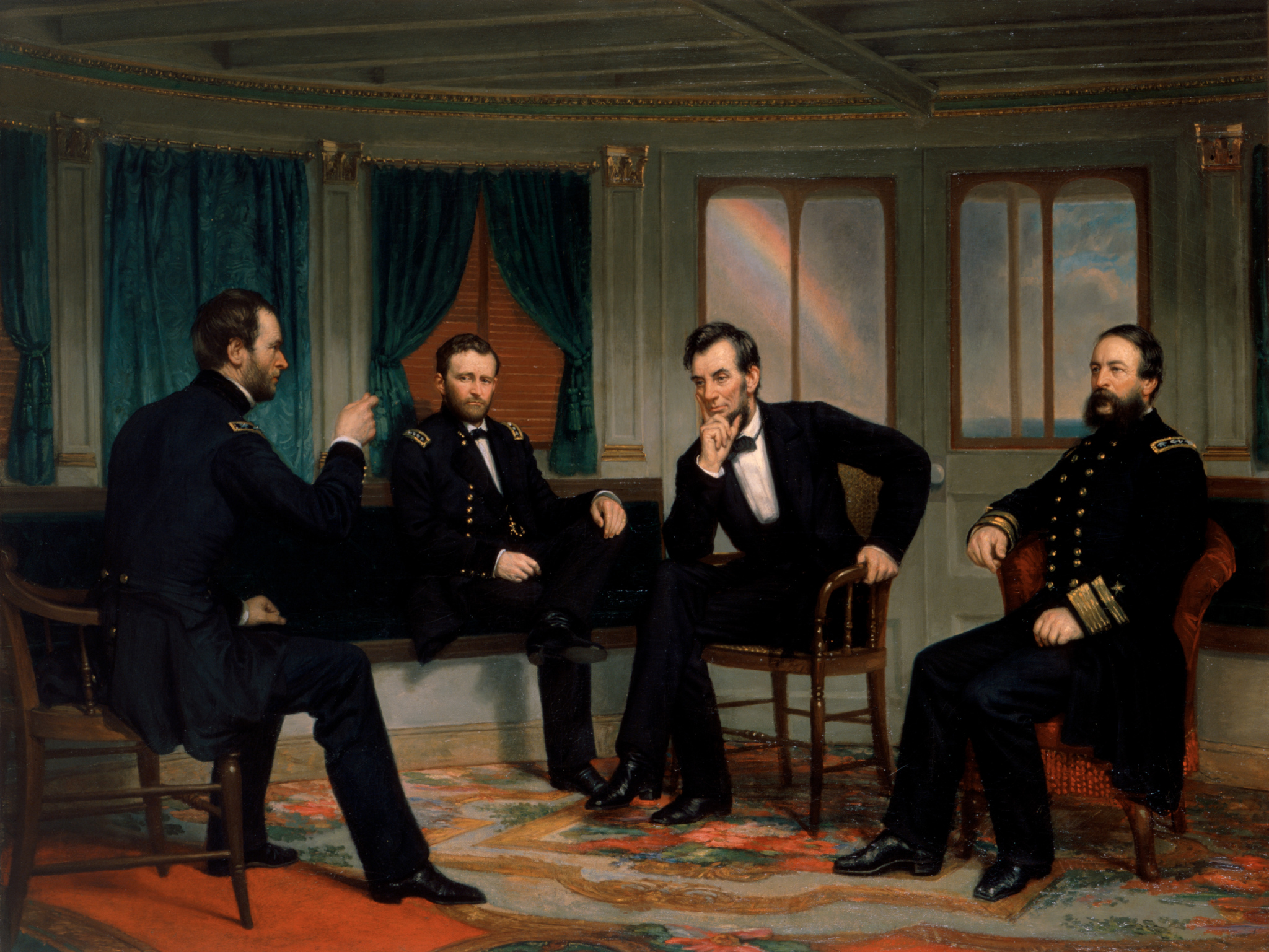 The Peacekeepers The Peacekeepers: General Sherman, General Grant, President Lincoln, and Admiral Porter sitting chairs on board the River Queen.