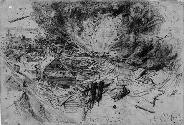 City Point Explosion by Alfred Waud Sketch of the smoke and fire of a large explosion destroying a wharf and several buildings.