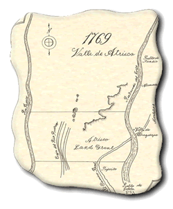 Modern artist's rendition of a Spanish historical map which would have been drawn on an animal hide with black ink. The map shows the natural boundaries of the Atrisco Land Grant, the Rio Puerco and the Rio Grande.