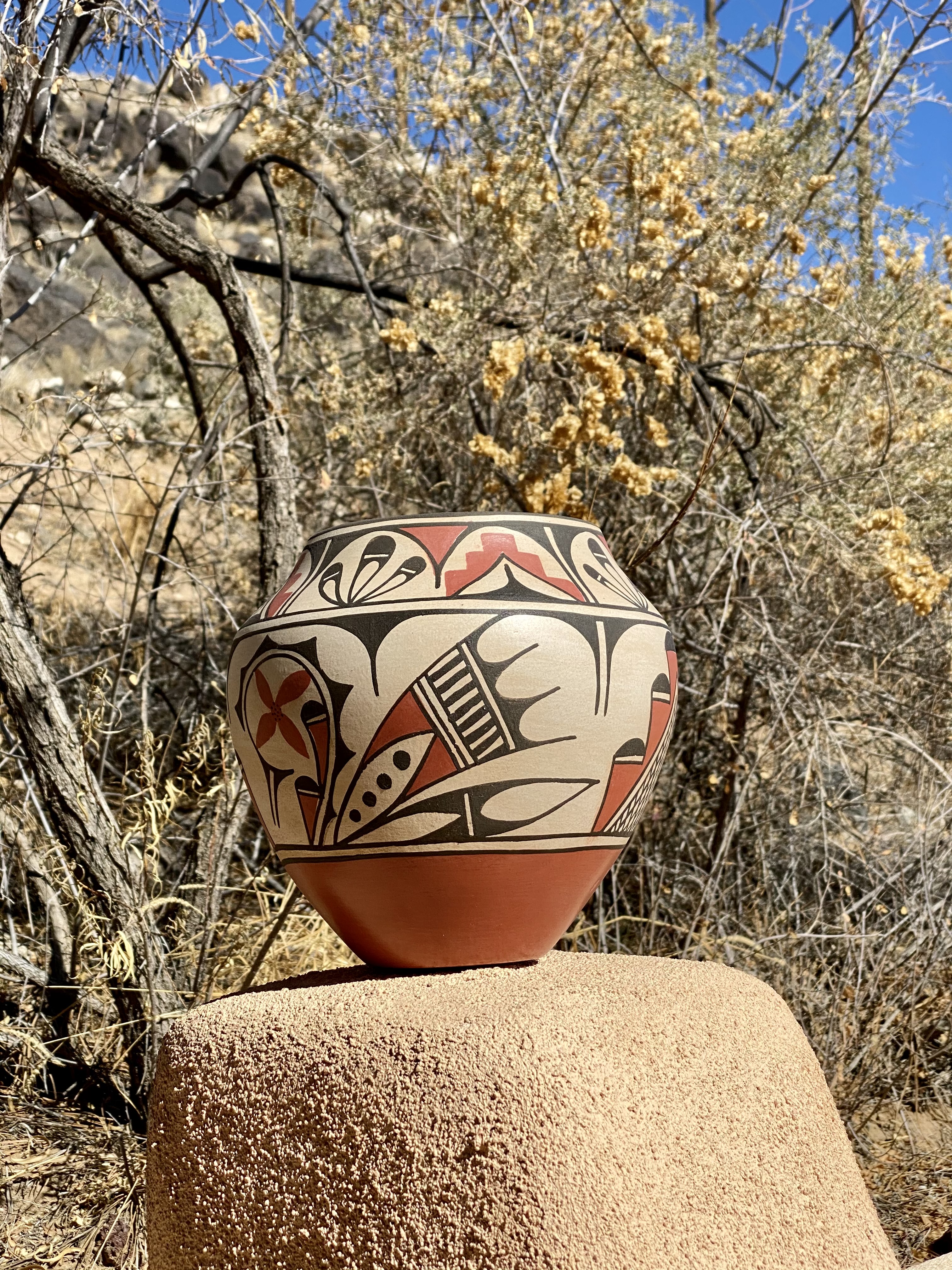 Pueblo pottery on a stucco wall.