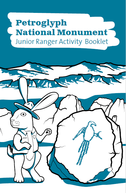 A blue drawing of a jackrabbit in a ranger outfit standing next to a petroglyph of a macaw.