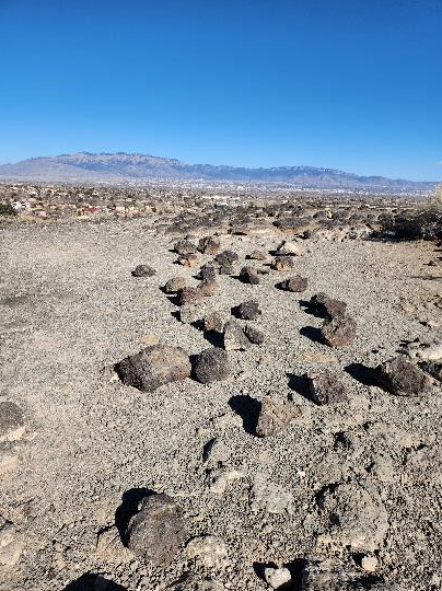 Scattered volcanic rocks removed from an archeological site. Many brick-sized black rocks scattered on a mesa top under a blue sky.