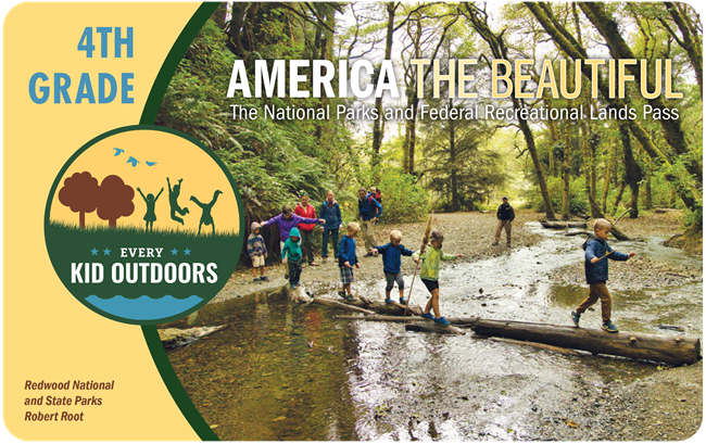 Picture of students crossing a creek by walking on a fallen log on Every Kid Outdoor pass.