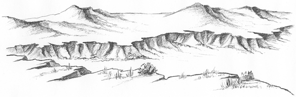Pencil sketch by Ray Kriese of Rinconada Canyon with cinder cones in the background.