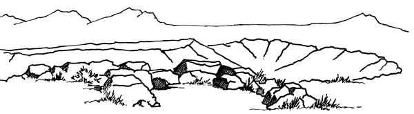 Pen and ink line drawing of the volcanic escarpment with the cinder cones in the background.