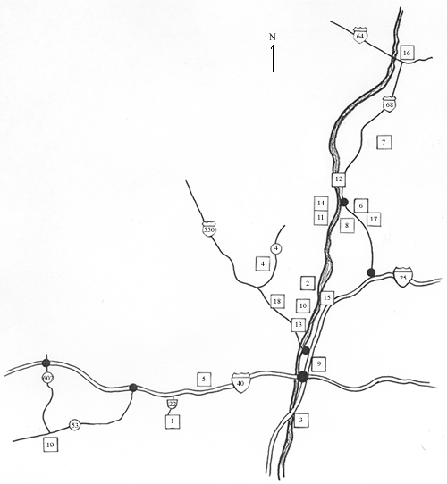 Map drawing of approximate locations of Pueblo villages throughout New Mexico.