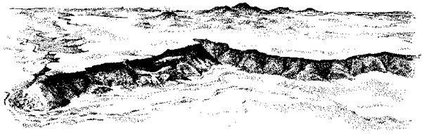 Pencil sketch of the volcanic escarpment with the cinder cones in the background.