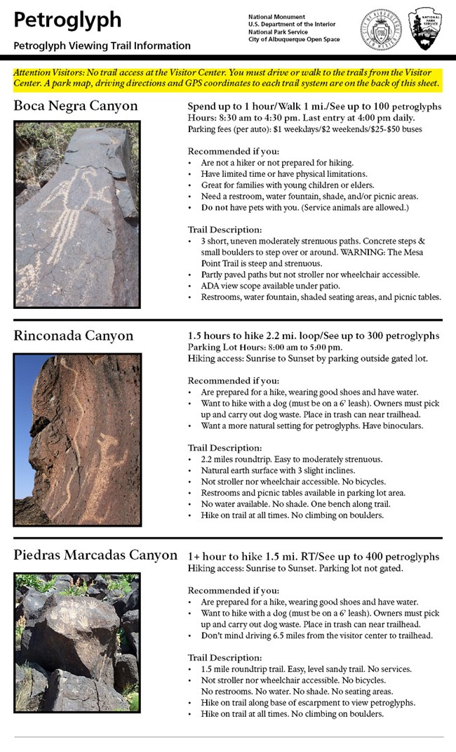 Three different petroglyph viewing trails with brief description of each trail.