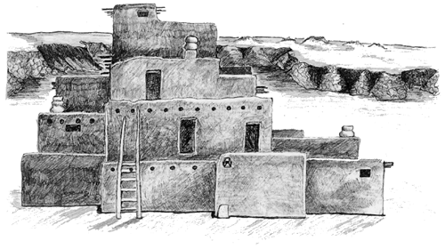 Pencil sketch of a multi-storied pueblo dwelling.