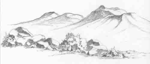 Pencil sketch of the Three Sisters, the volcanic cinder cones, with boulders and native plants in the foreground.