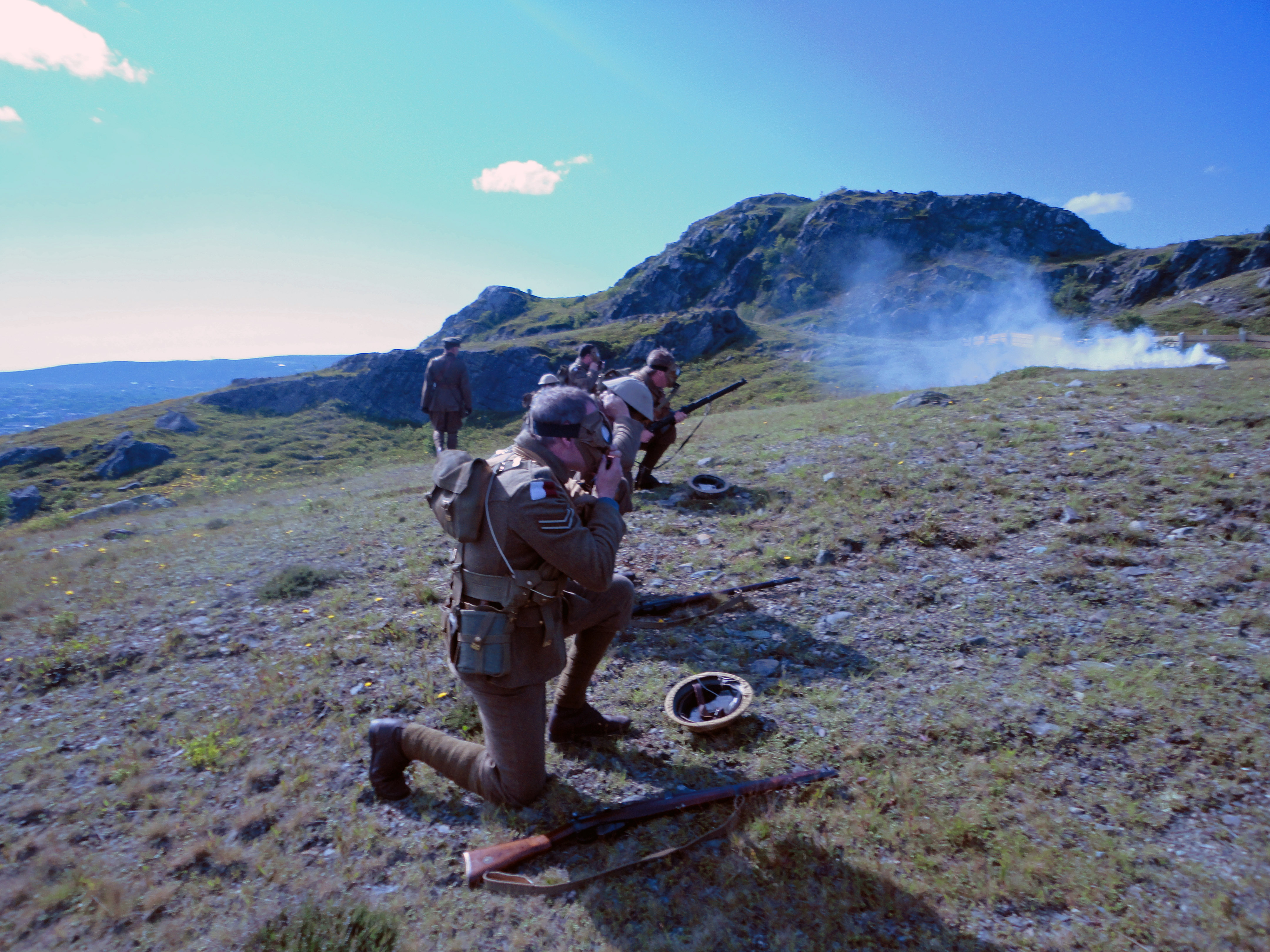 Simulated Gas Attack: Getting gas masks on.