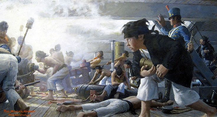 Painting of powder monkey in battle. Painting of powder monkey in battle.