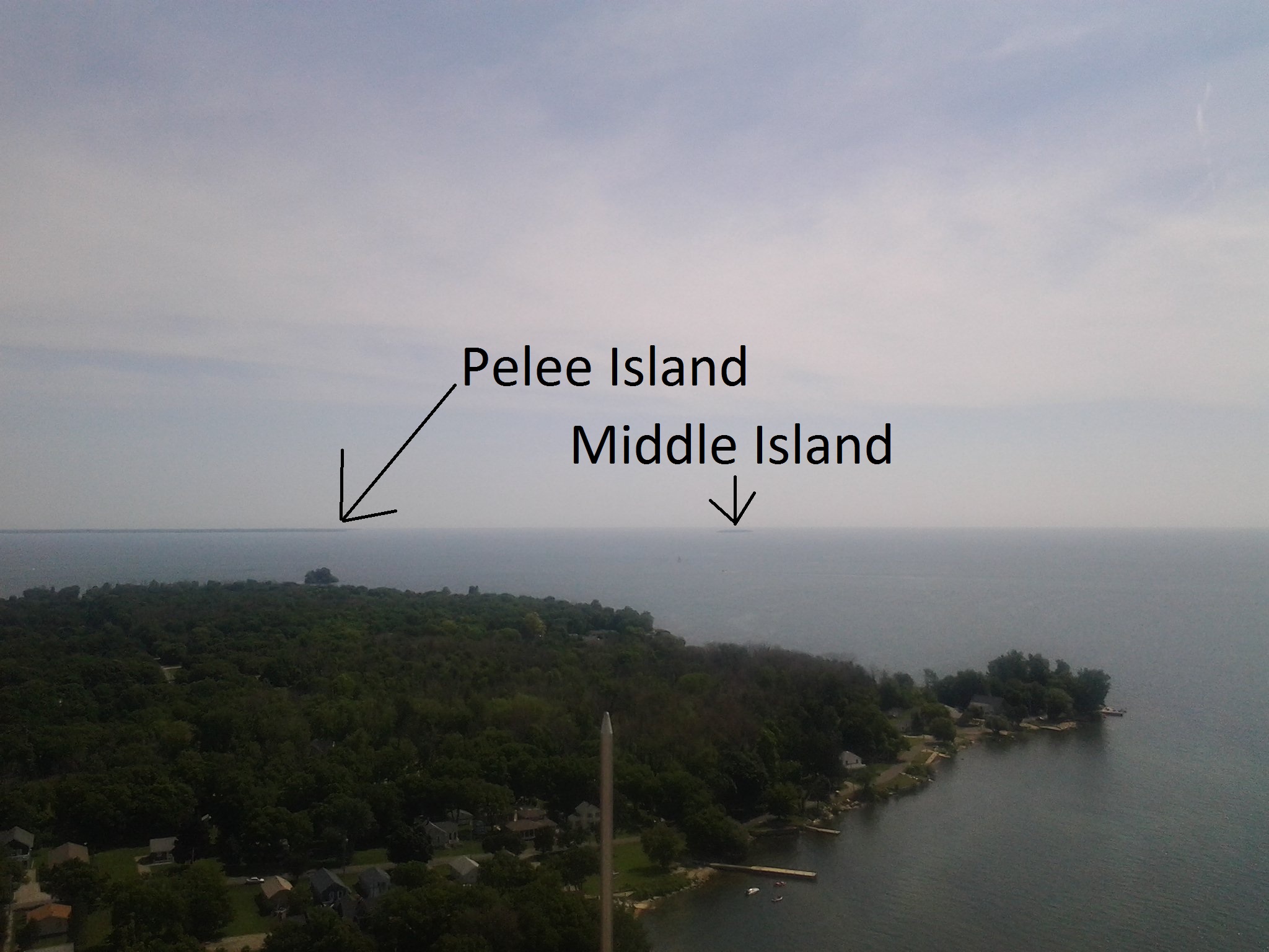 View to the east from the Observation Deck of PEVI. Middle Island, most southern point of Canada in distances in center and Pelee to the left.