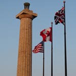 Perry's Victory and International Peace Memorial with US, Canadian, and United Kingdom Flags.