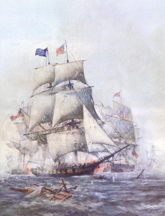 Pastel colored painting of the Battle of Lake Erie, brig Niagara full sails and broadside fighting British ship