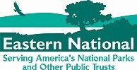 Eastern National Eastern National logo- Serving America's National Parks and Other Public Trusts. Bird flying over landscape, shapes of green and whire.