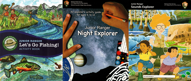 Three book covers. The left is illustrated with children and park rangers fishing, the second show a child's hands writing on an image of the night sky. The third shows three people listening over images of landscapes.