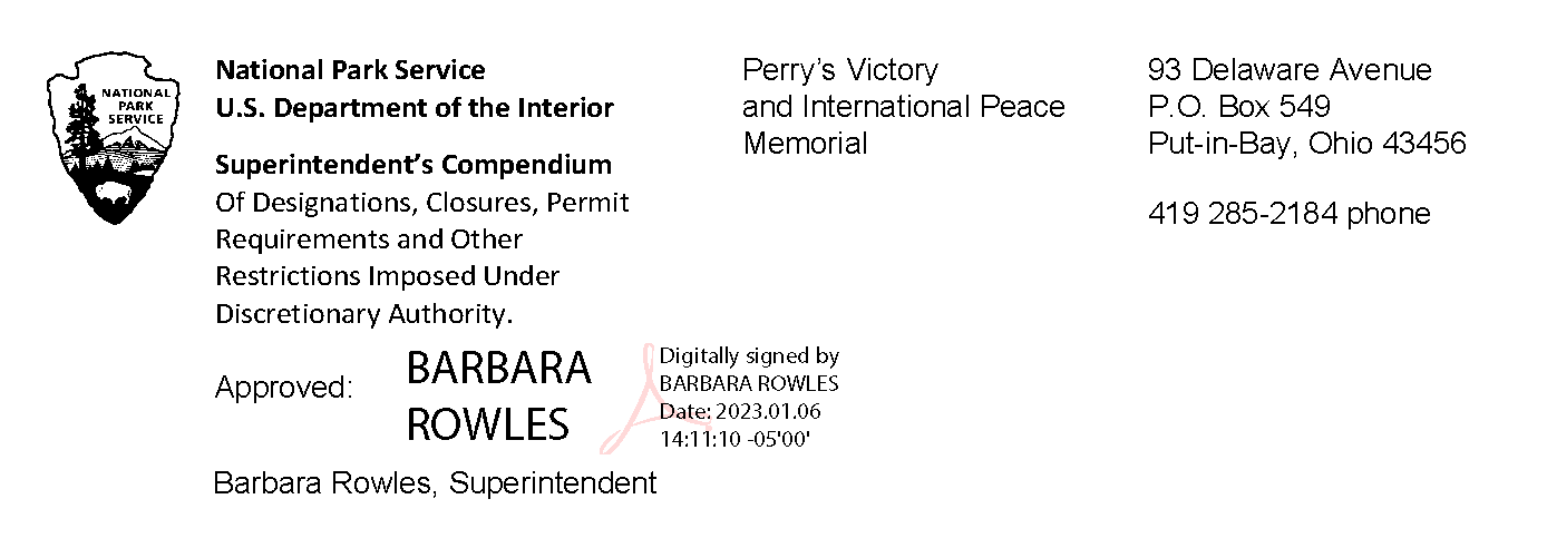 Text Superintendent's Compendium of Perry's Victory and International Peace Memorial. Contains contact information and is digitally signed by superintendent Barbara Rowles on January 6, 2023.