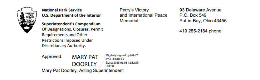 Text: Superintendent's Compendium of Perry's Victory and International Peace Memorial. Contains contact information and is digitally signed by acting superintendent Mary Pat Doorley on June 3, 2025.