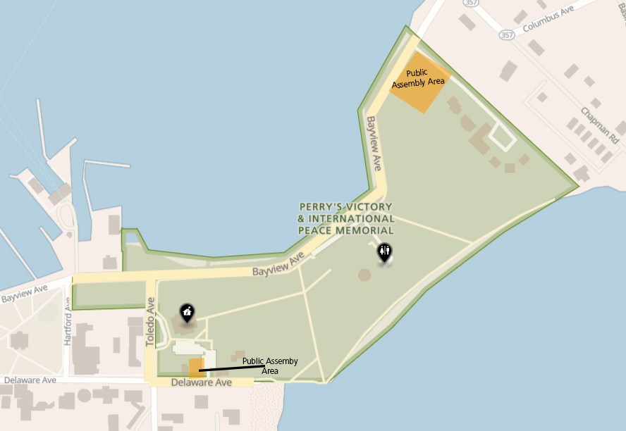 This is a map of the park showing the designated Public Assembly areas are by parking lot off Delaware Ave. Second larger area is located off Bayview Ave and Park Ave at the north end of the park grounds.