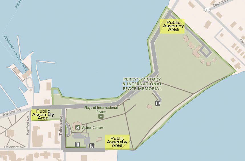 This is a map of the park showing the designated Public Assembly area is in the Peace Garden. This is a lot bordered by Toledo, Bayview, & Hartford Ave. 2nd area is along south seawall near village beach. The 3rd area is at intersect of Bayview & Park ave