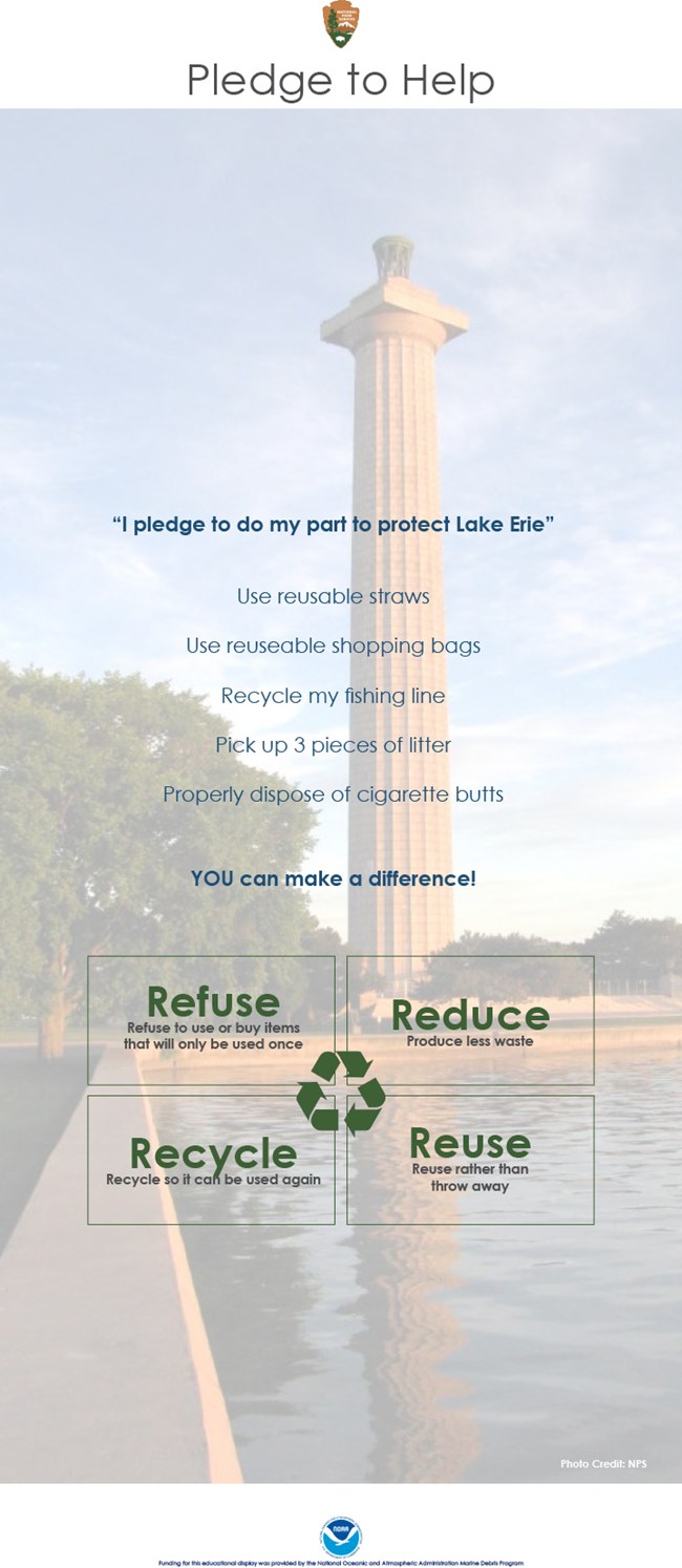 Watemark image of tall stone memorial with seawall and water. Text "I pledge to do my part to protect Lake Erie" 5 examples of how to do that.  You can make a difference! Recycling image with Refuse, Reduce, Recycle and Reuse.
