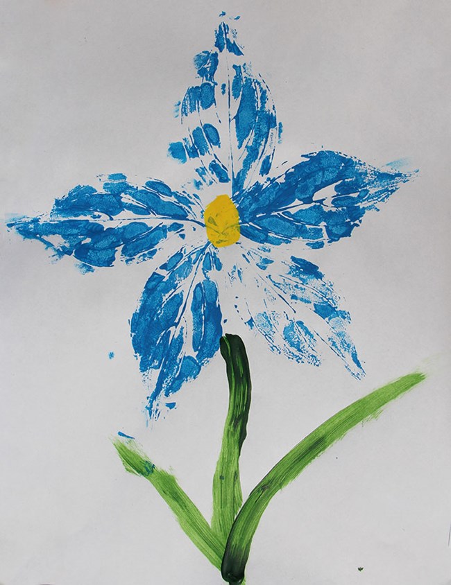5-petal blue flower with a green stem and two leaves painted with leaves