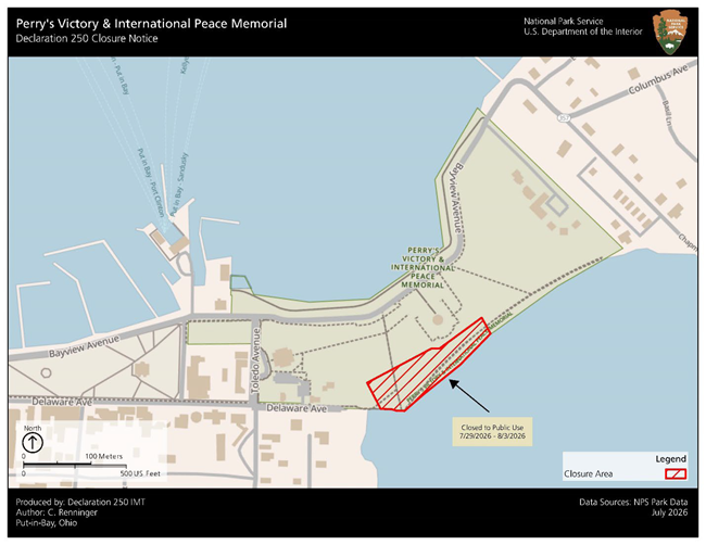 Map of Perry;s Victory and International Peace Memorial. A section along the south seawall is marked with red with the text closed to Public Use 7/29/2026-8/3/26